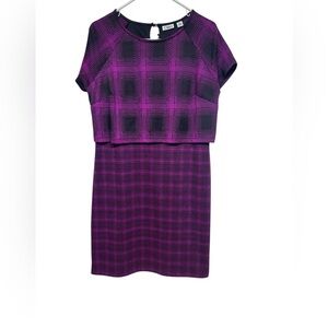 CATO Women's Plaid Dress Size Large Purple Black Stretch 1 Piece Short Sleeve